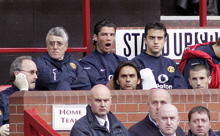 Giuseppe Rossi alongside Cristiano Ronaldo in the dugout