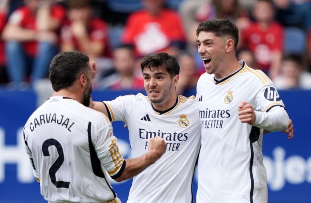 Brahim Diaz celebrates a goal alongside Real Madrid teammates