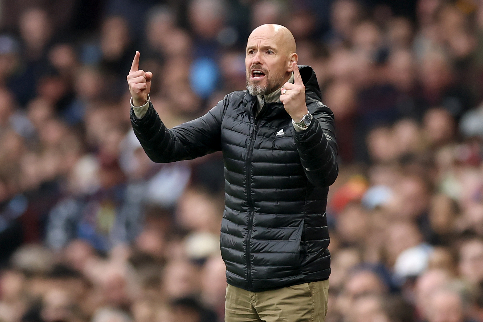 Erik ten Hag instructs his players from the sidelines of Manchester United’s clash with Aston Villa.
