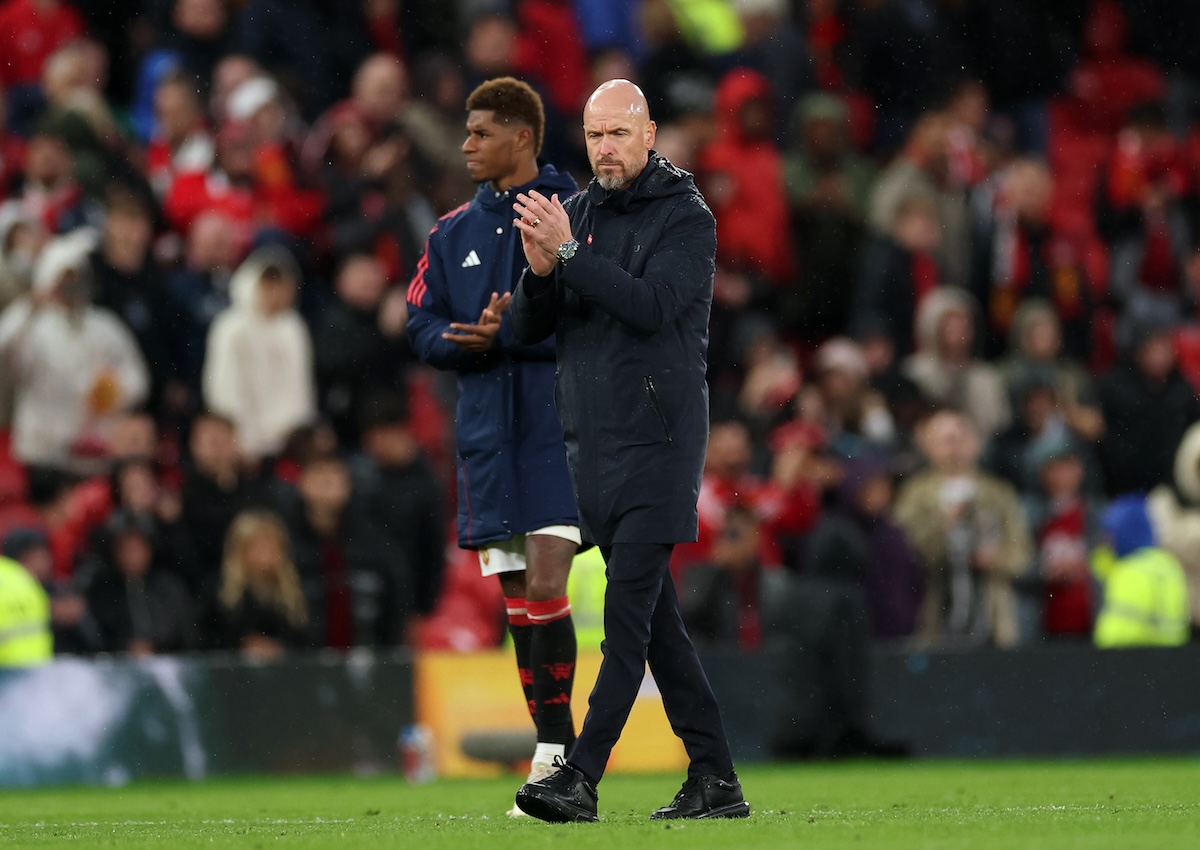 Erik ten Hag acknowledges the fans after the Premier League match between Manchester United and Tottenham Hotspur at Old Trafford on September 29, 2024 in Manchester, England.