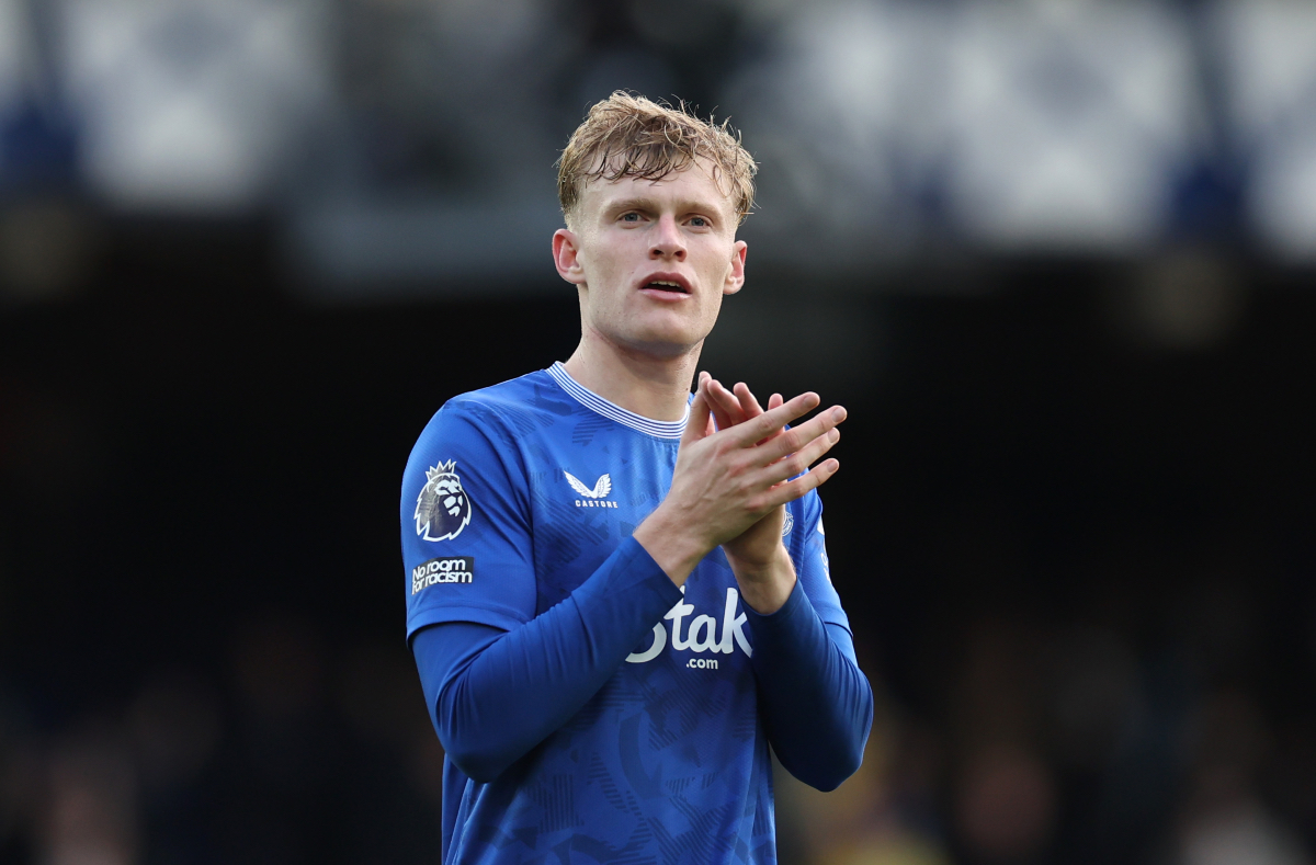 Jarrad Branthwaite claps the Everton fans at full-time.