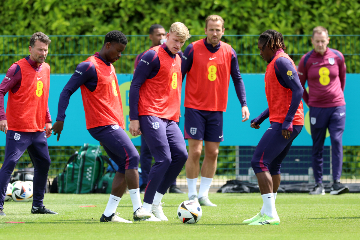 Jarrad Branthwaite trains with his England teammates.