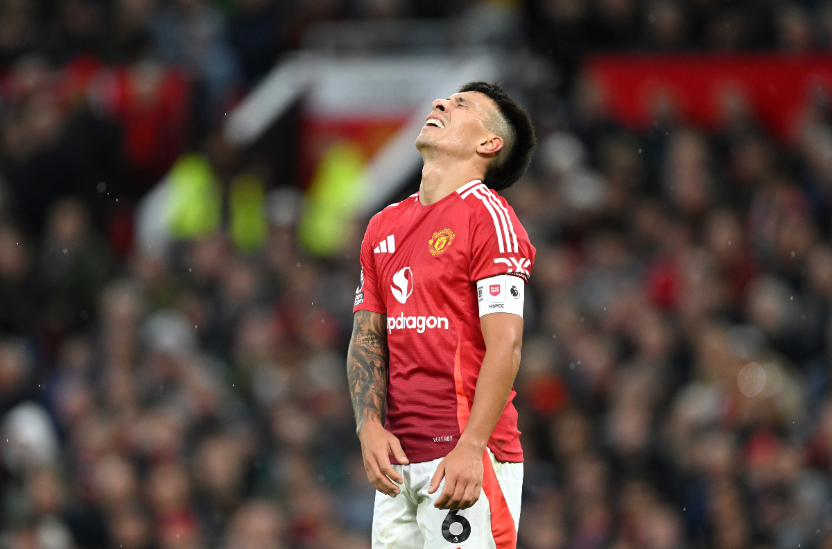 Lisandro Martinez grimaces at Old Trafford.