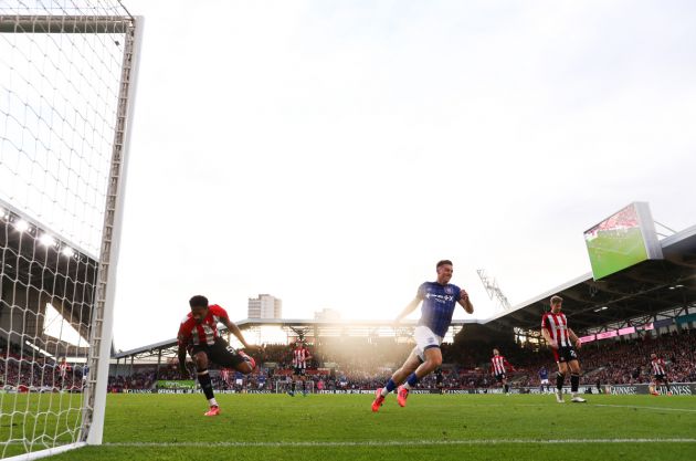 Liam Delap celebrates his goal vs Brentford.