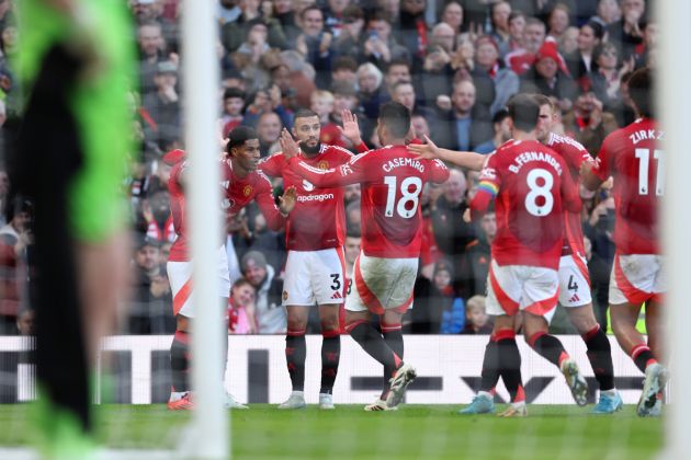Man United celebrate a goal at Old Trafford.