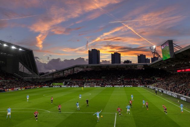 A general view of Brentford in action at the Gtech Community Stadium.