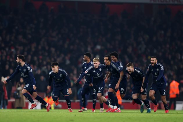 Manchester United players joyfully react after winning their FA Cup penalty shootout against Arsenal.