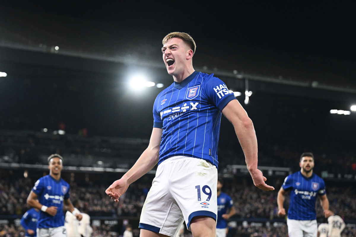 Liam Delap celebrates scoring for Ipswich Town