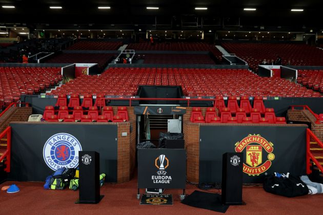 A general view of the Mancheser Unitd and Rangers badges on display at Old Trafford.