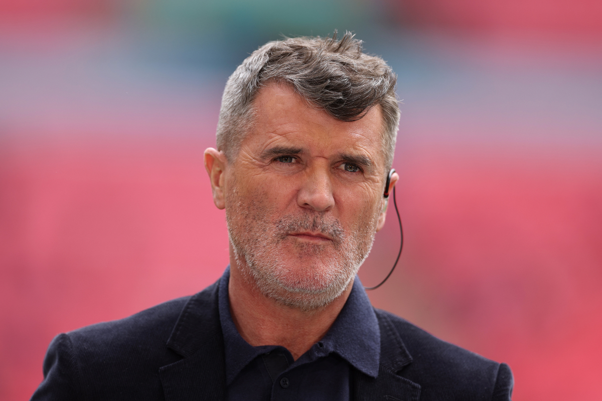 Roy Keane looks on during punditry for Man United’s FA Cup semi-final.