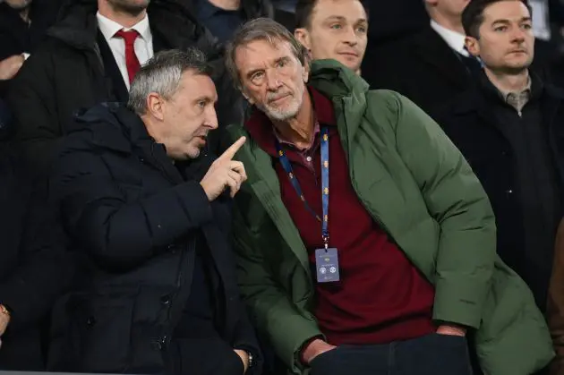 Manchester United technical director Jason Wilcox chatting with Sir Jim Ratcliffe
