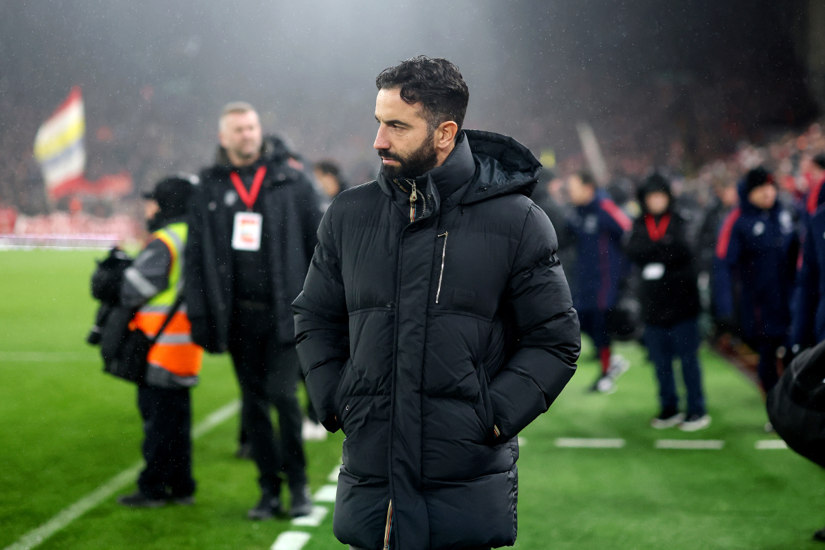 Ruben Amorim looks on from the touchline at Anfield.