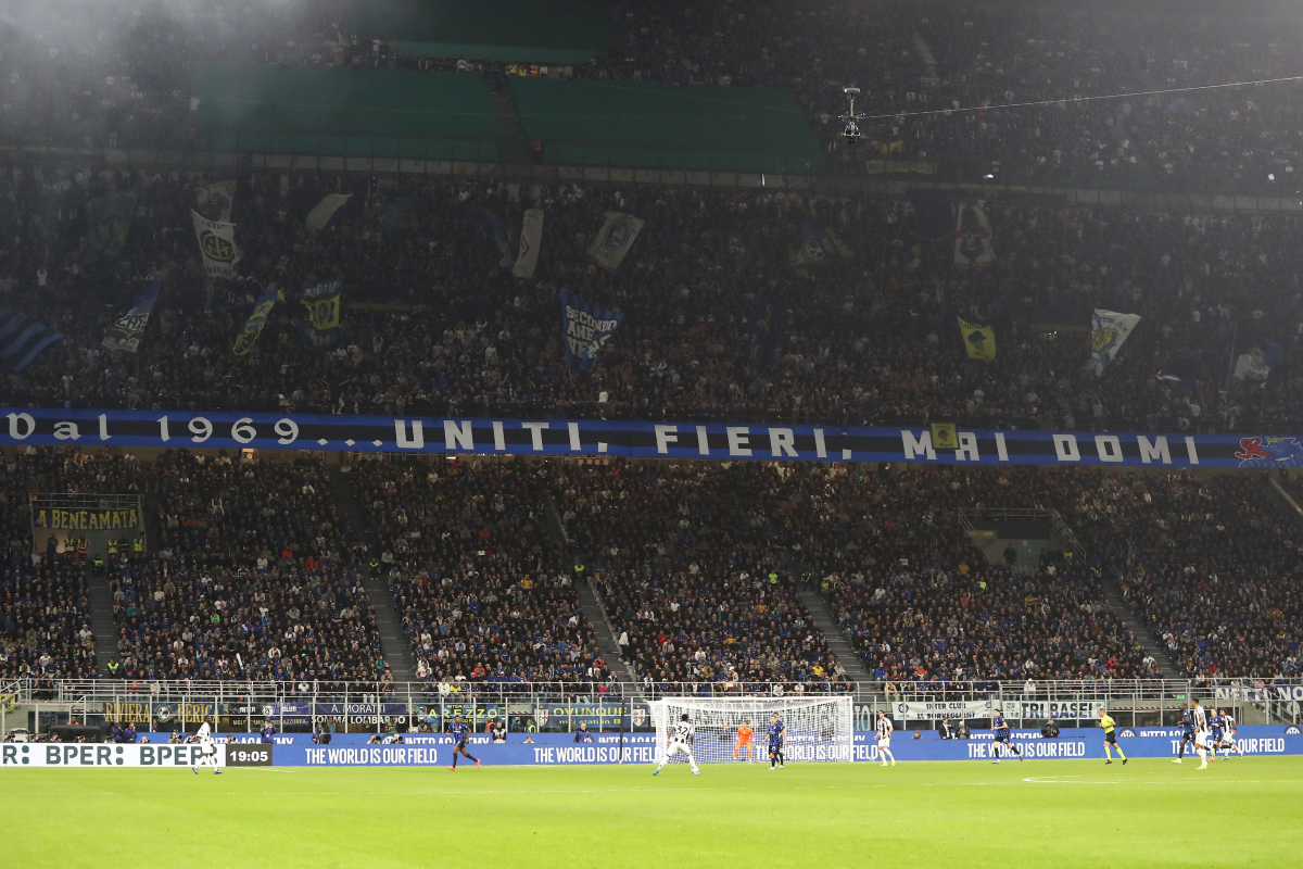 MILAN, ITALY - OCTOBER 27: FC Internazionale fans during the Serie A match between FC Internazionale and Juventus at Stadio Giuseppe Meazza on October 27, 2024 in Milan, Italy