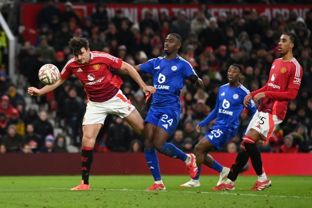 Harry Maguires in action against Leicester