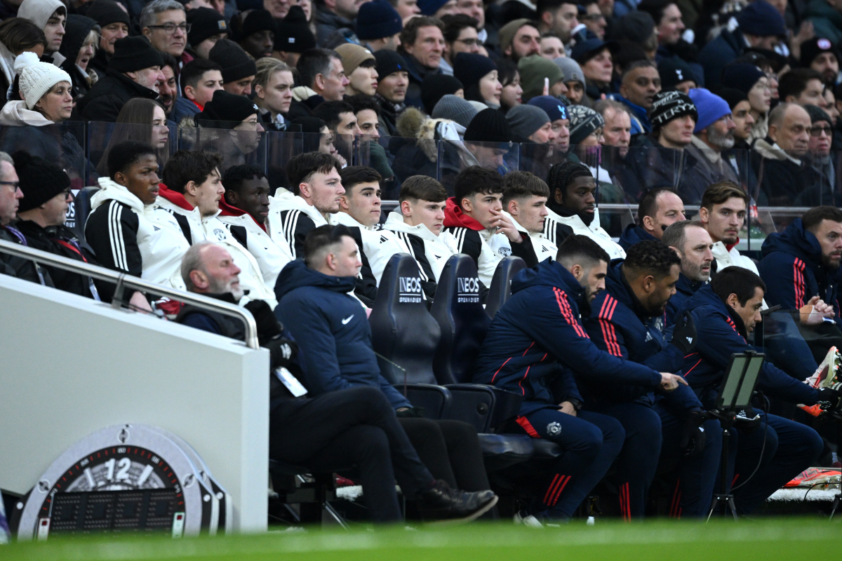 LONDON, ENGLAND - FEBRUARY 16: A general view of the Manchester United substitutes bench during the Premier League match between Tottenham Hotspur FC and Manchester United FC at Tottenham Hotspur Stadium on February 16, 2025 in London, England