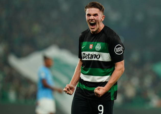 Viktor Gyokeres celebrates scoring for Sporting against Man City.