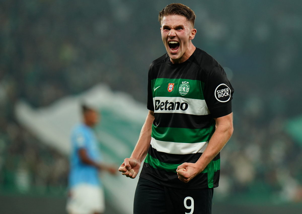 Viktor Gyokeres celebrates scoring for Sporting against Man City.