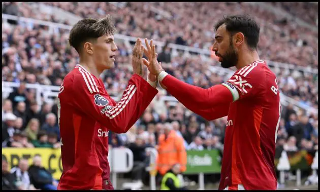 Bruno Fernandes high-fives Alejandro Garnacho after Manchester United goal.