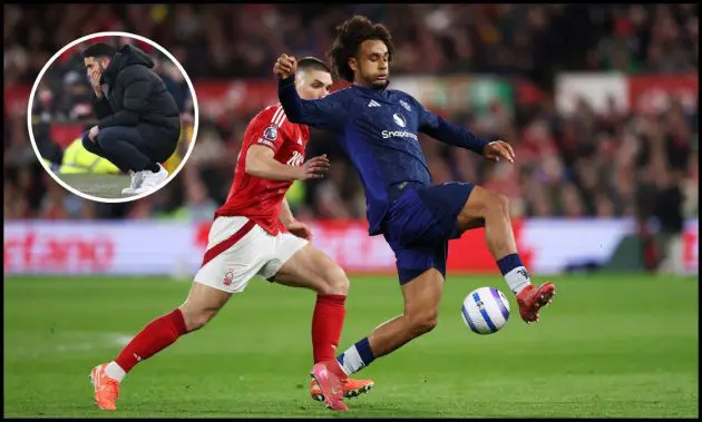 Joshua Zirkzee attempts to control the ball while in action against Nottingham Forest.