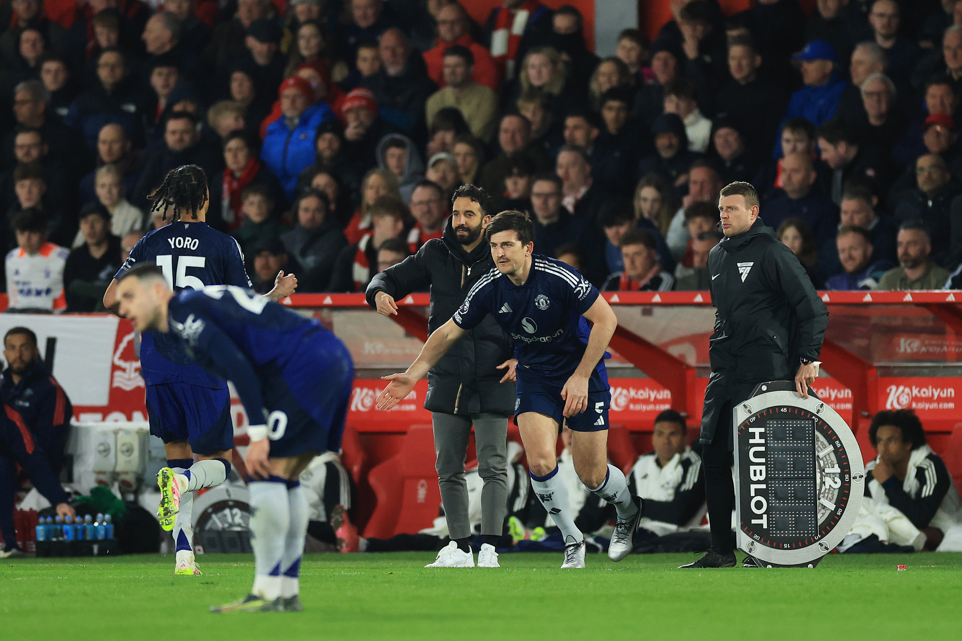 Harry Maguire enters the pitch as a substitute against Nottingham Forest.