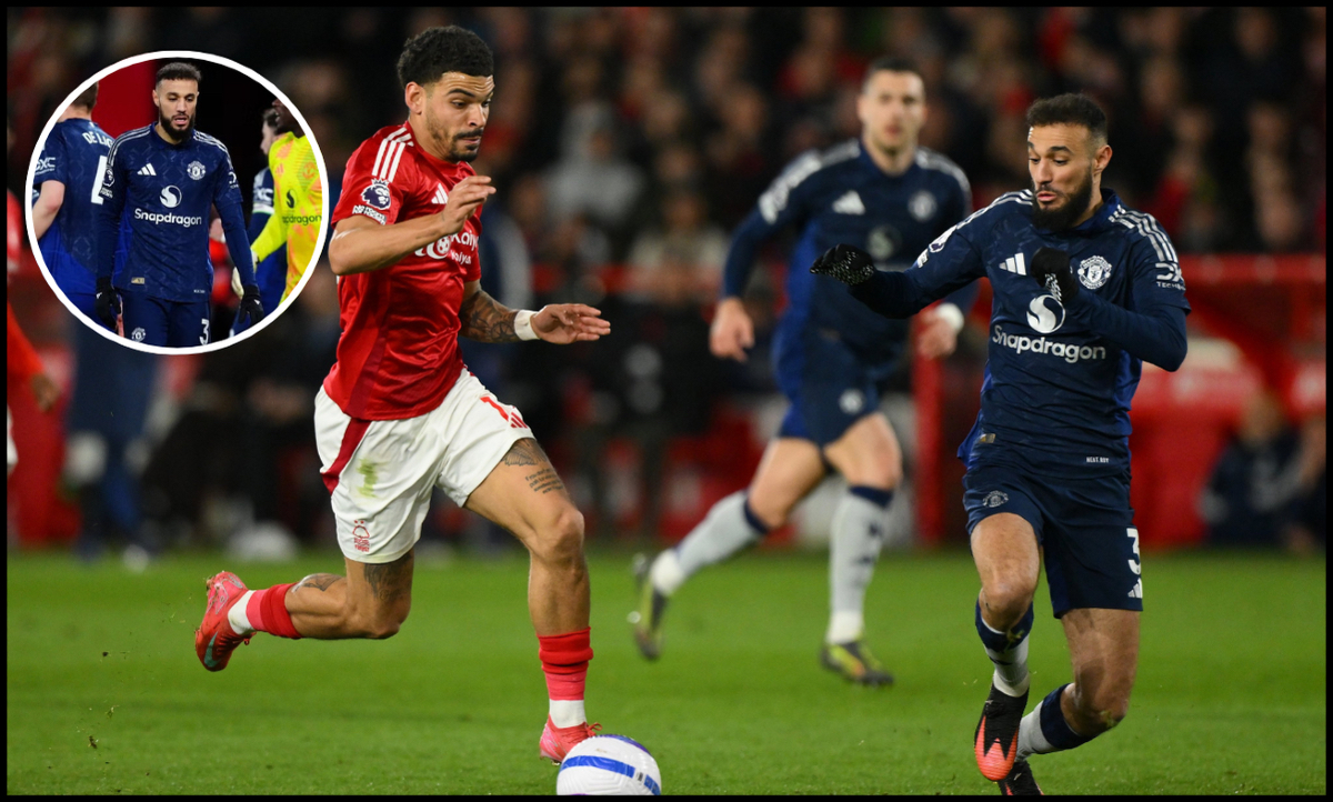 Noussair Mazraoui prepares to tackle Morgan Gibbs-White.