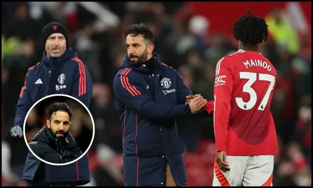 Ruben Amorim shakes hands with Kobbie Mainoo (facing away) at full-time vs Bournemouth.