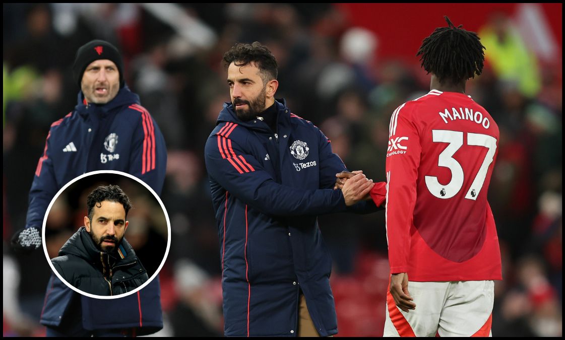 Ruben Amorim shakes hands with Kobbie Mainoo (facing away) at full-time vs Bournemouth.