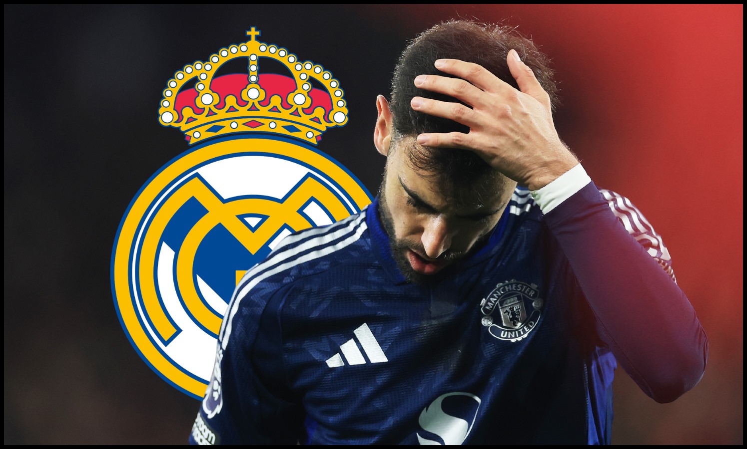 Bruno Fernandes fixes his hair in front of an edited Real Madrid badge/logo.