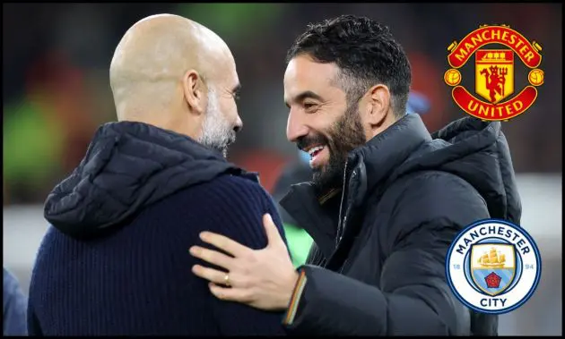 Ruben Amorim embraces Pep Guardiola ahead of the 2024/2025 Manchester derby at the Etihad.