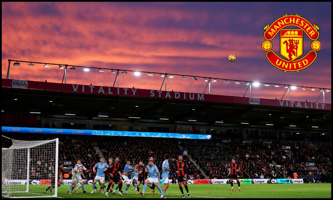 A general view of Bournemouth and Nottingham Forest players in action at the Vitality Stadium while the sun sets.