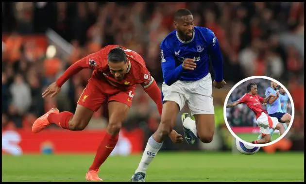 Virgil van Dijk is brushed off the ball by Everton’s Beto.
