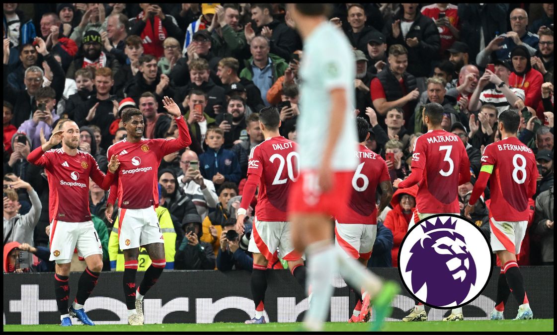 Man United players celebrate with Christian Eriksen after scoring in the Europa League.