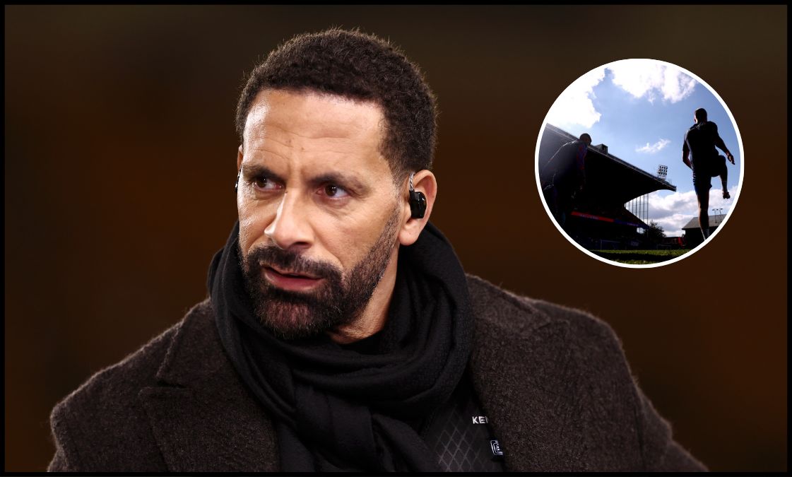Rio Ferdinand looks on as he completes an interview for Champions League coverage.