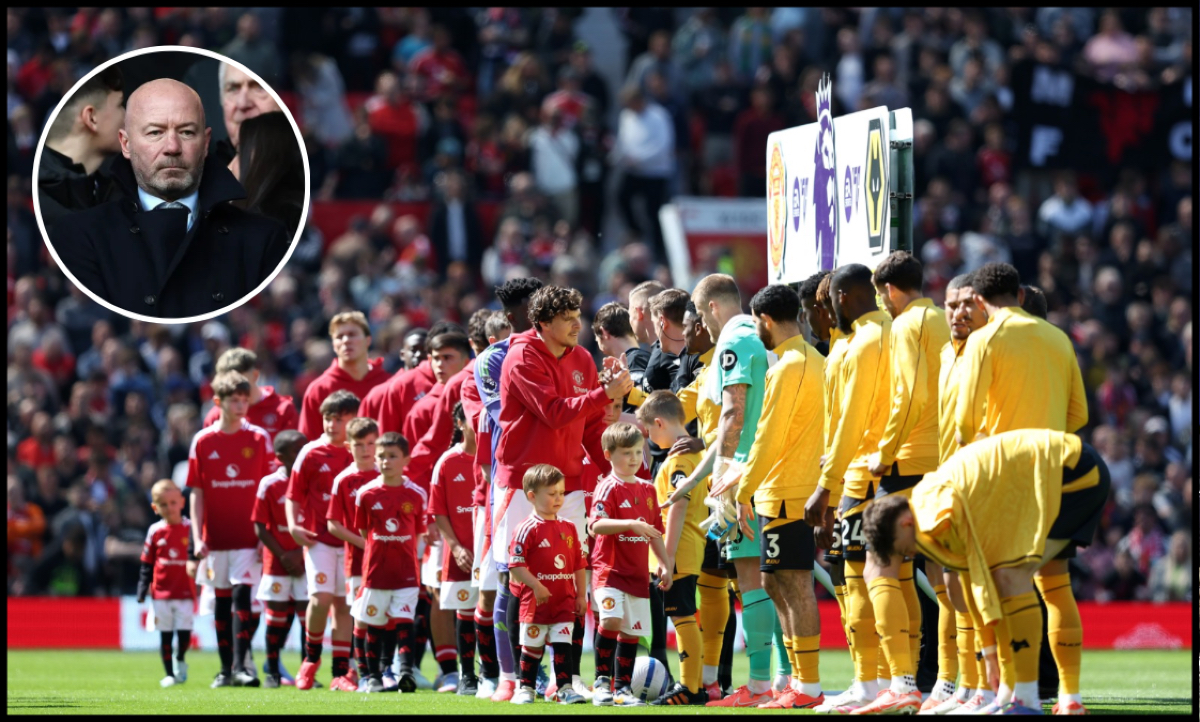 Man United players shake hands with the Wolves players ahead of kick-off at Old Trafford.