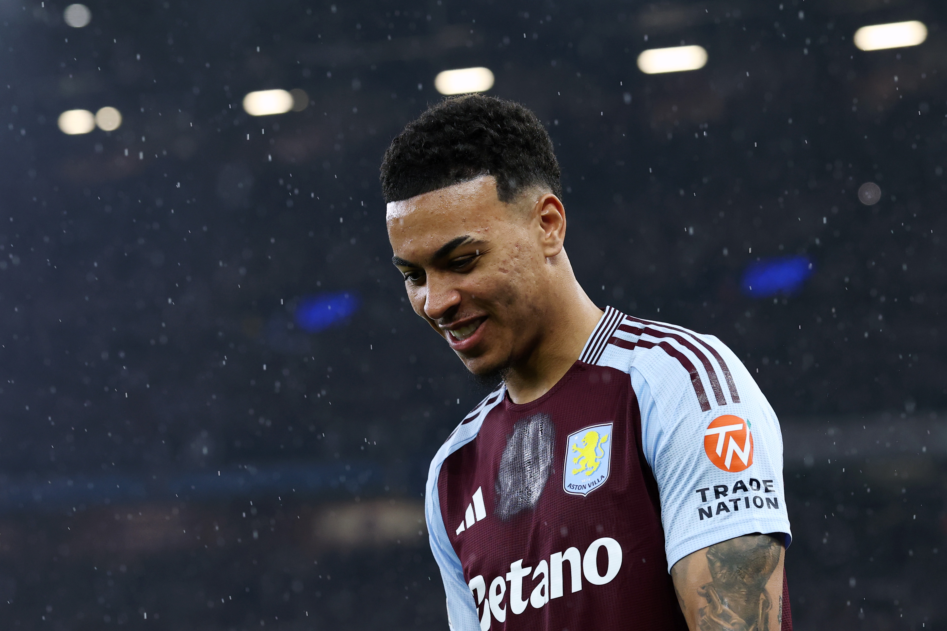 BIRMINGHAM, ENGLAND - APRIL 15: Morgan Rogers of Aston Villa looks on before the UEFA Champions League 2024/25 Quarter Final Second Leg match between Aston Villa FC and Paris Saint-Germain at Villa Park on April 15, 2025 in Birmingham, England. (Photo by Dan Istitene/Getty Images)