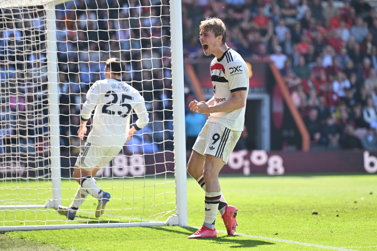 Rasmus Hojlund celebrates after scoring an equaliser away to Bournemouth.
