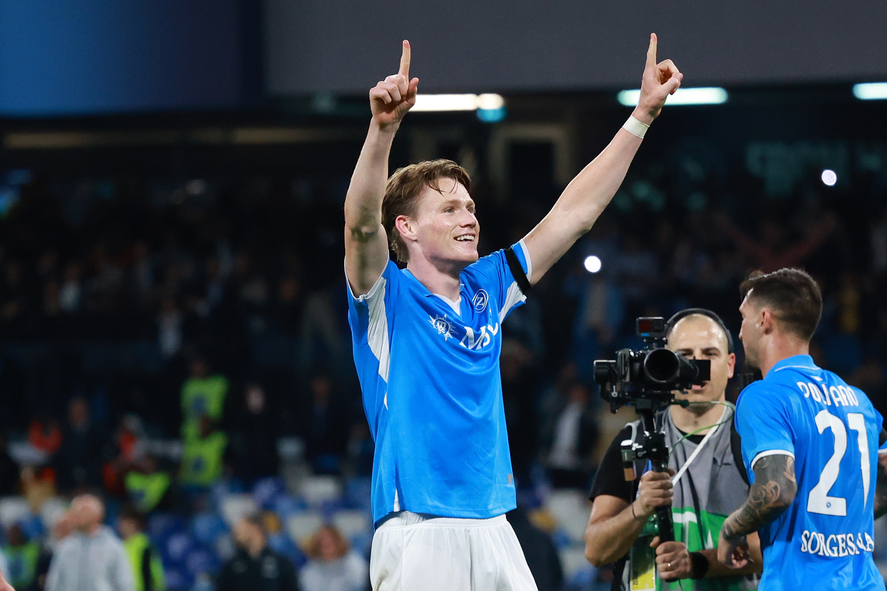 Scott McTominay celebrates after scoring his second goal for Napoli vs Torino.