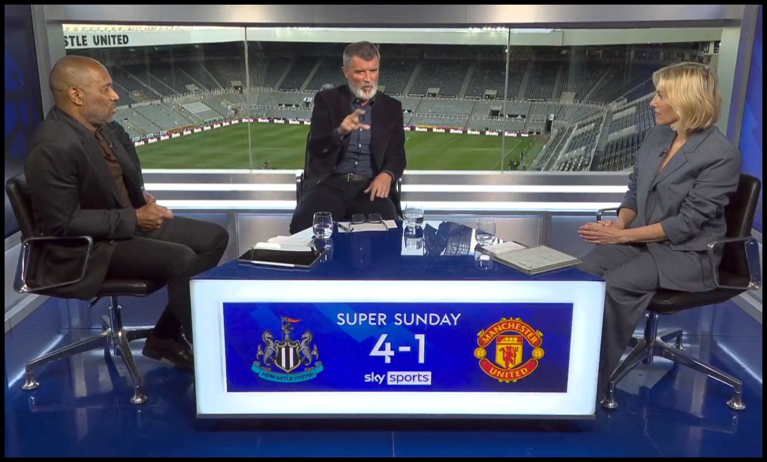 Roy Keane gesticulates with his hands in the Sky Sports studio.