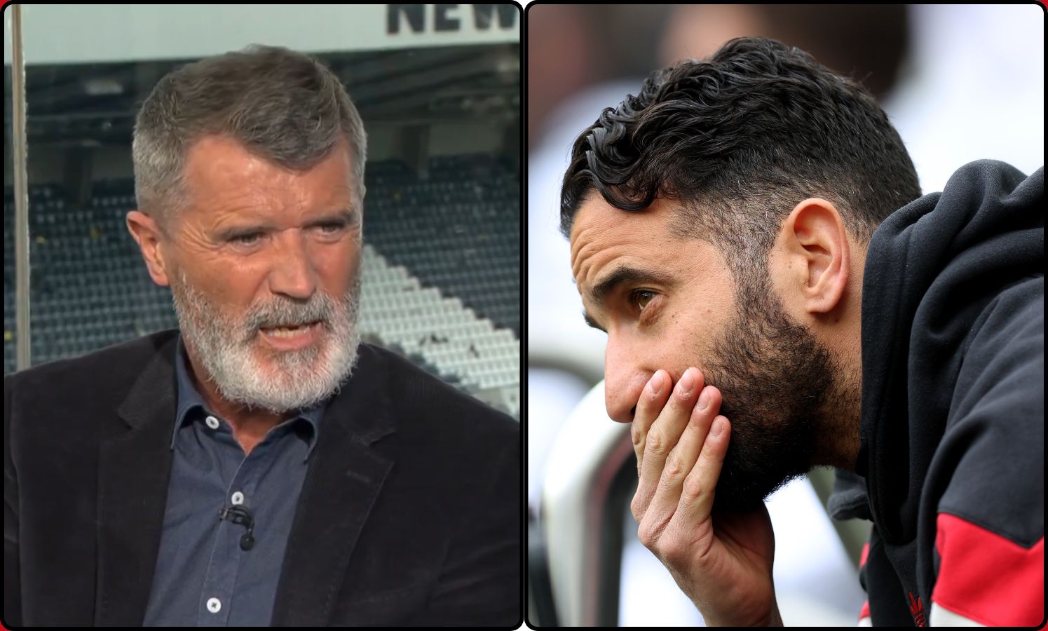 Roy Keane looks over at Ruben Amorim.