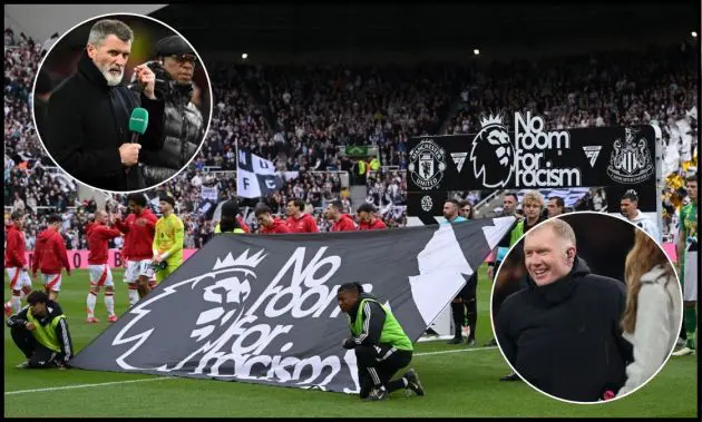 Manchester United and Newcastle players line up behind a ‘No Room For Racism’ flag prior to kick-off.