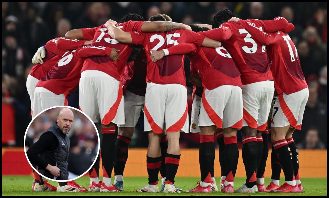 Manchester United players huddle ahead of kick-off at Old Trafford.