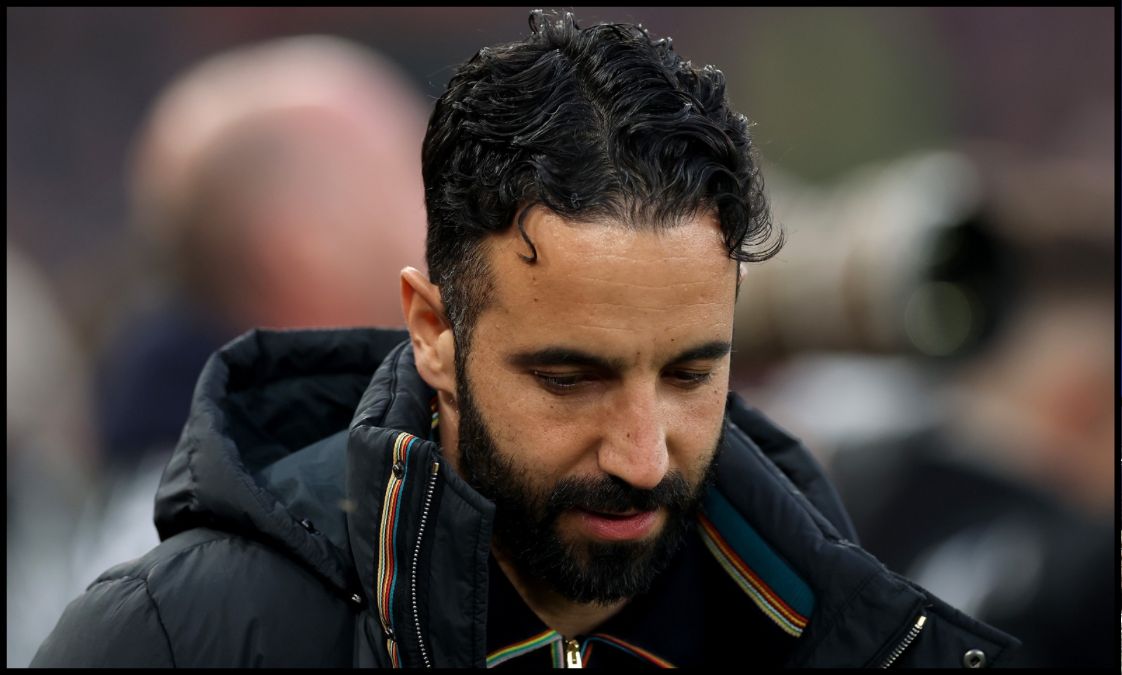Ruben Amorim looks down ahead of Man United’s quarter-final vs Lyon.