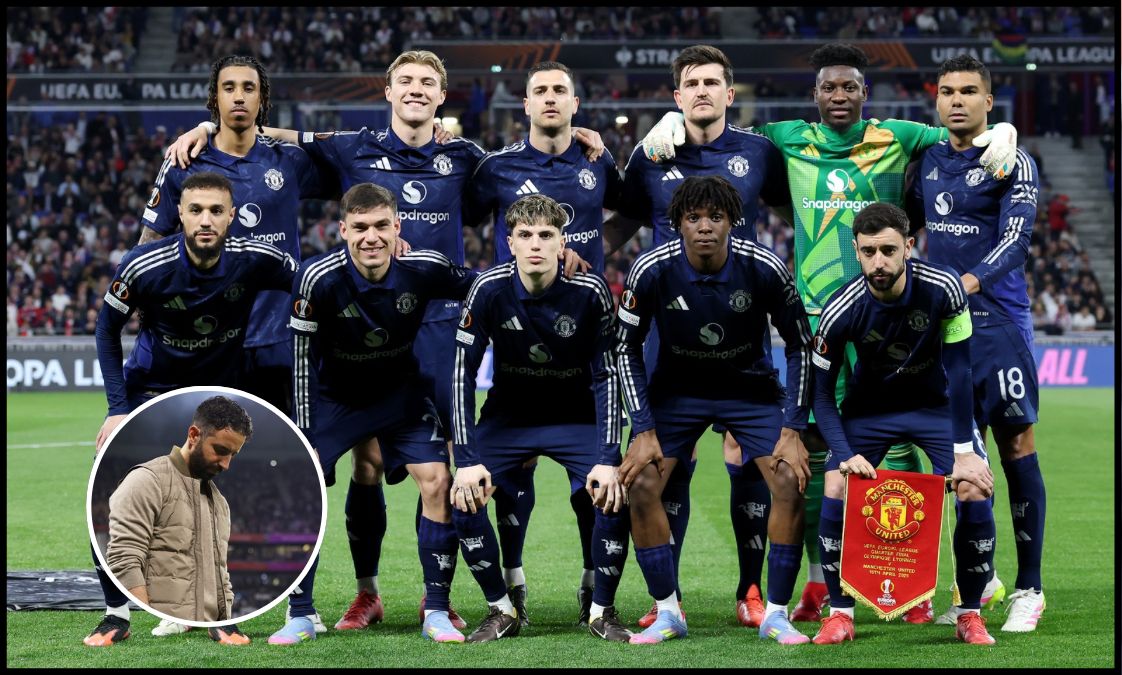 Man United players post for a picture before facing Lyon.