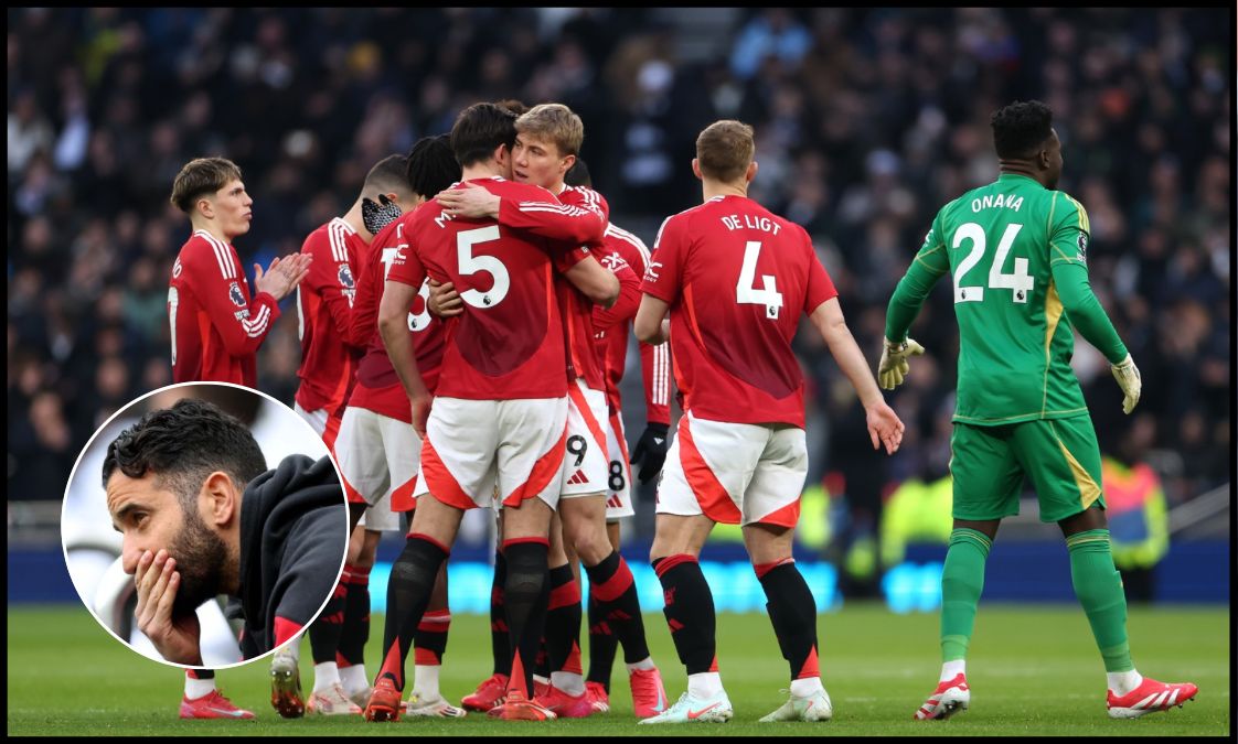 Man United players finish their huddle ahead of kick-off vs Tottenham in North London.