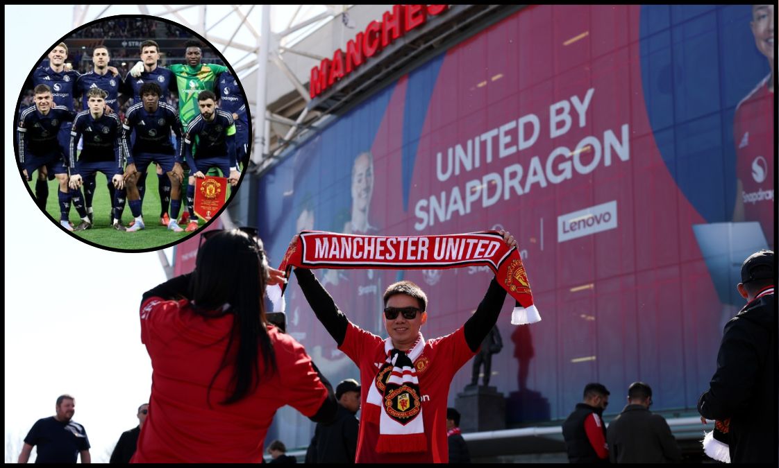 A Manchester United fan holds up a club scarf in front of Old Trafford.