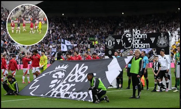 Manchester United and Newcastle players line up behind a ‘No Room For Racism’ flag prior to kick-off.