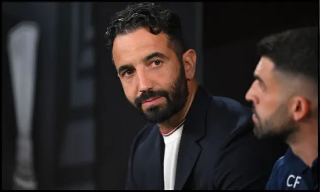 BILBAO, SPAIN - MAY 21: Ruben Amorim, Manager of Manchester United, looks on from the dug out prior to the UEFA Europa League Final 2025 between Tottenham Hotspur and Manchester United at Estadio de San Mames on May 21, 2025 in Bilbao, Spain.