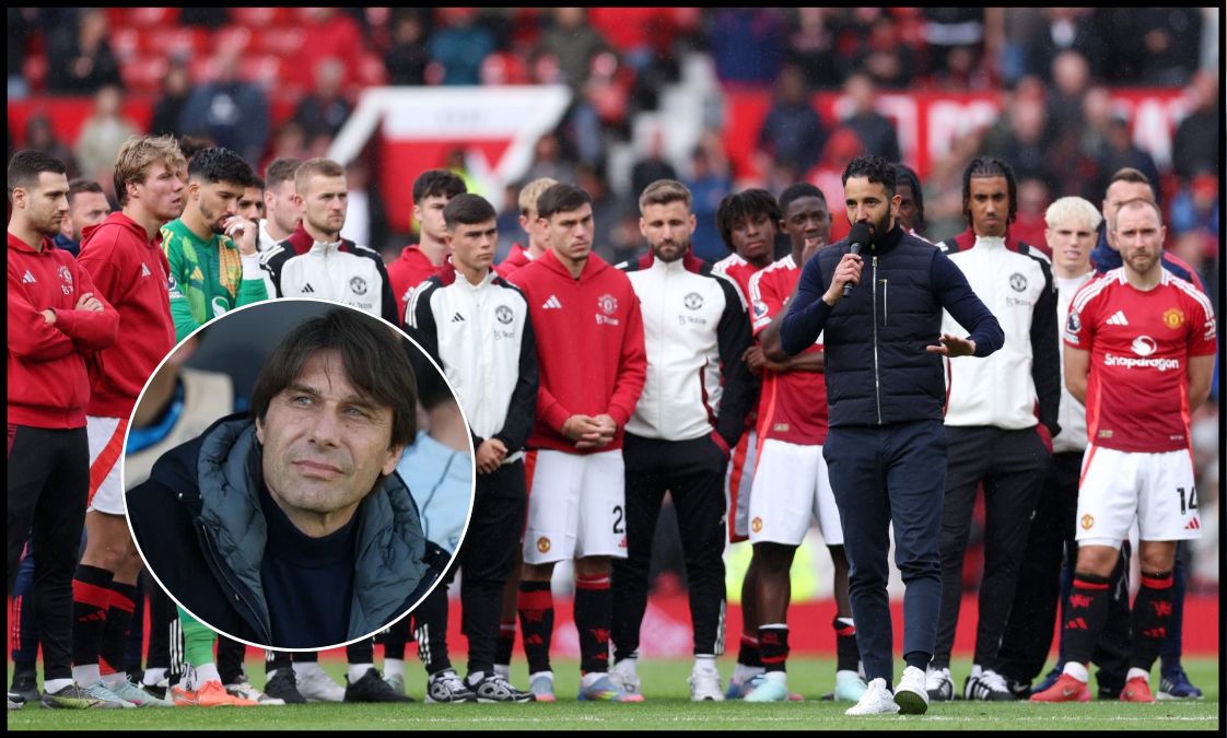 Ruben Amorim gives a post-match speech to fans at Old Trafford after the final game of the season.