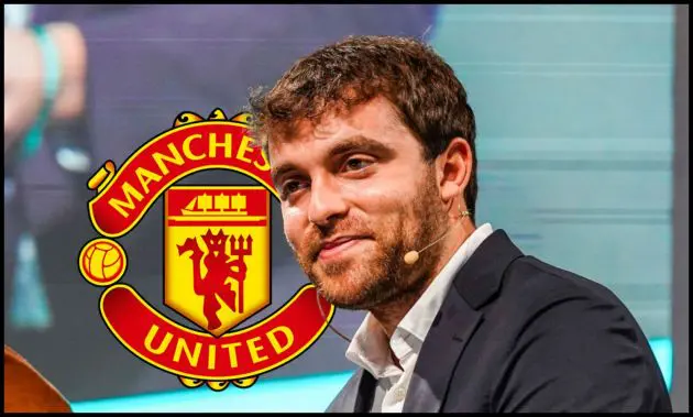 Fabrizio Romano smiles next to Manchester United club crest.