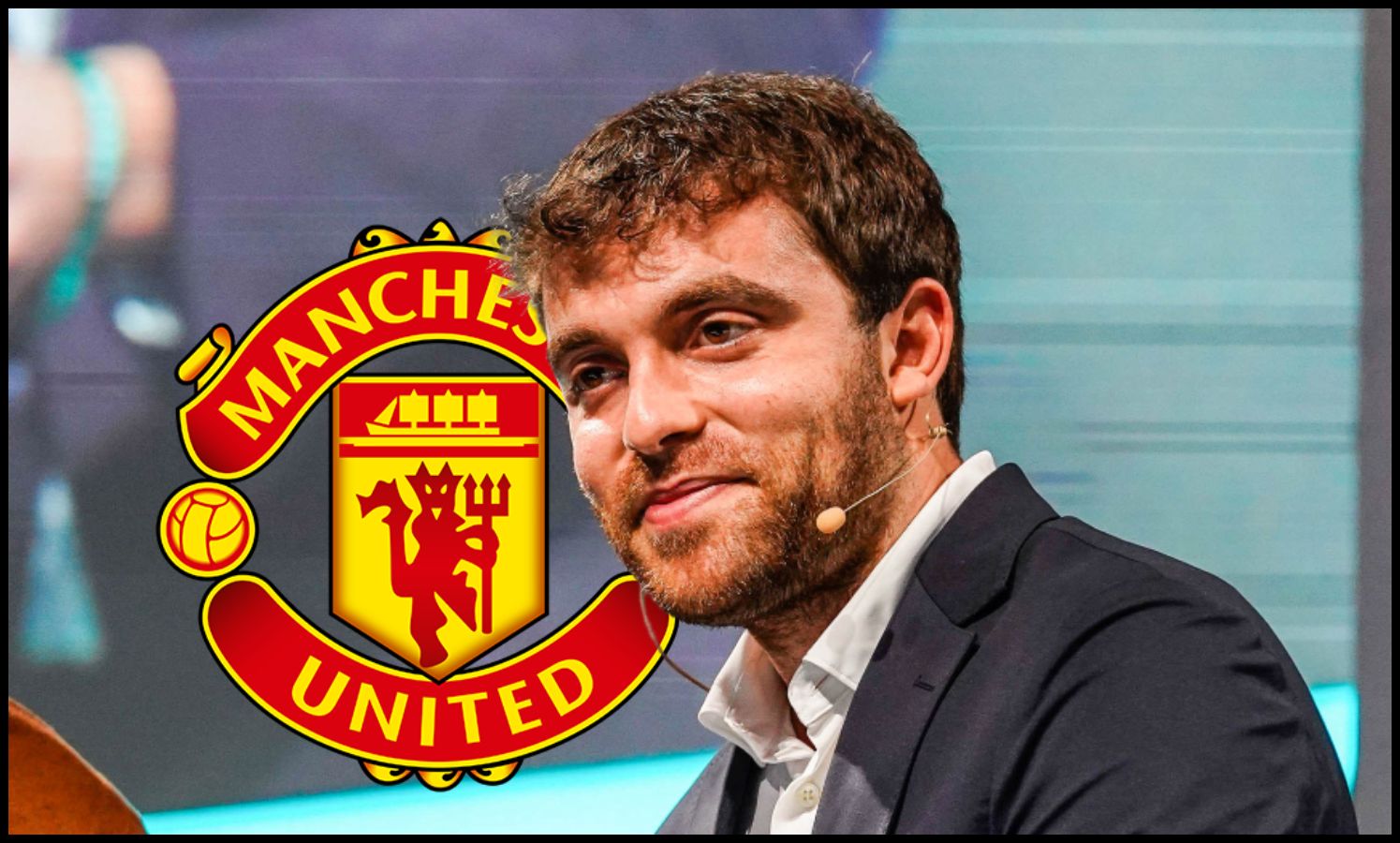 Fabrizio Romano smiles next to Manchester United club crest.